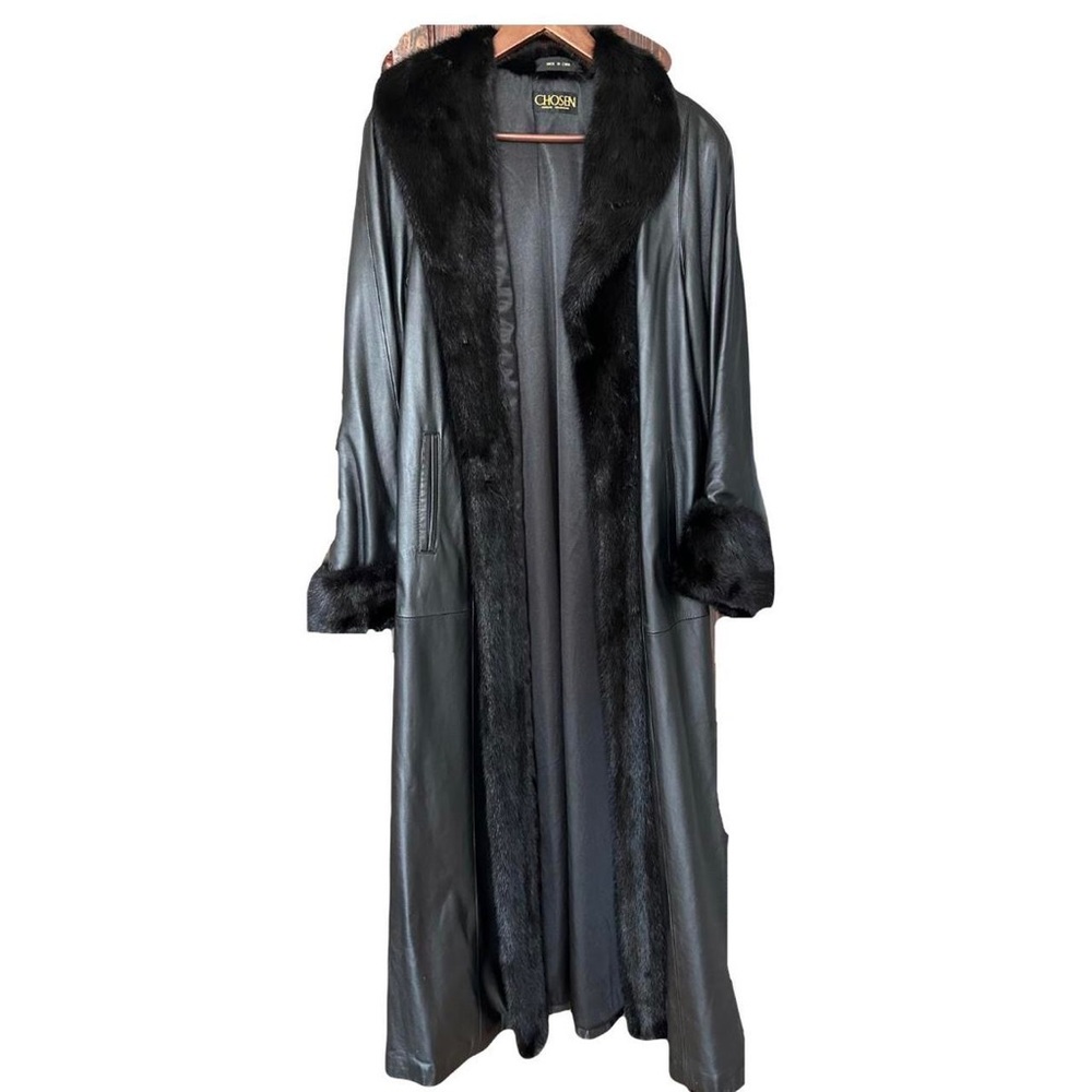 Chosen Couture leather full length coat with fur trim